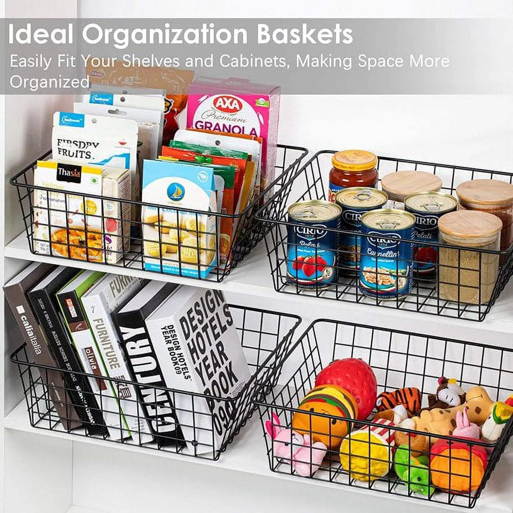 Metal Wire Storage Baskets with Handles, 4 Pack, Black R834