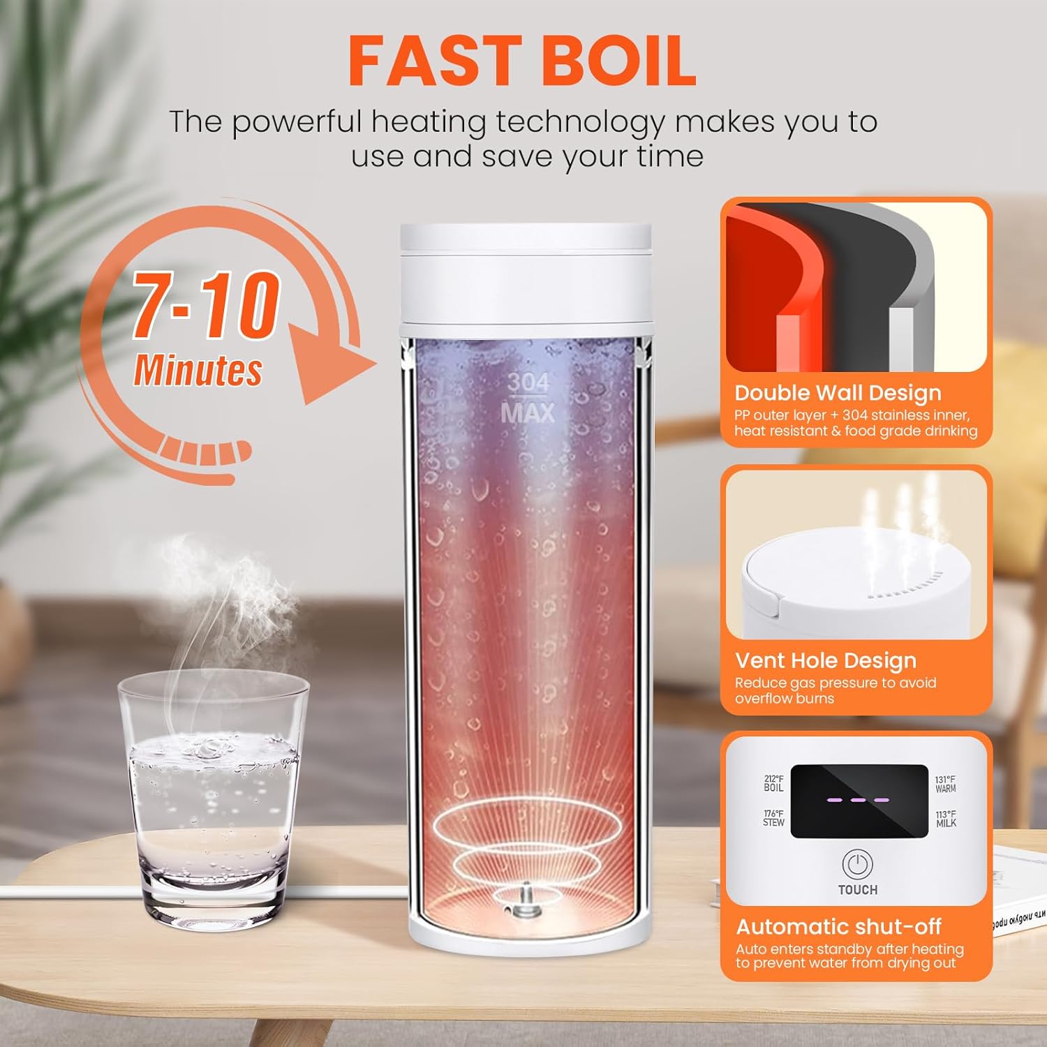 Portable Electric Kettle, 17oz, Stainless Steel, 4 Temperature Settings G959713
