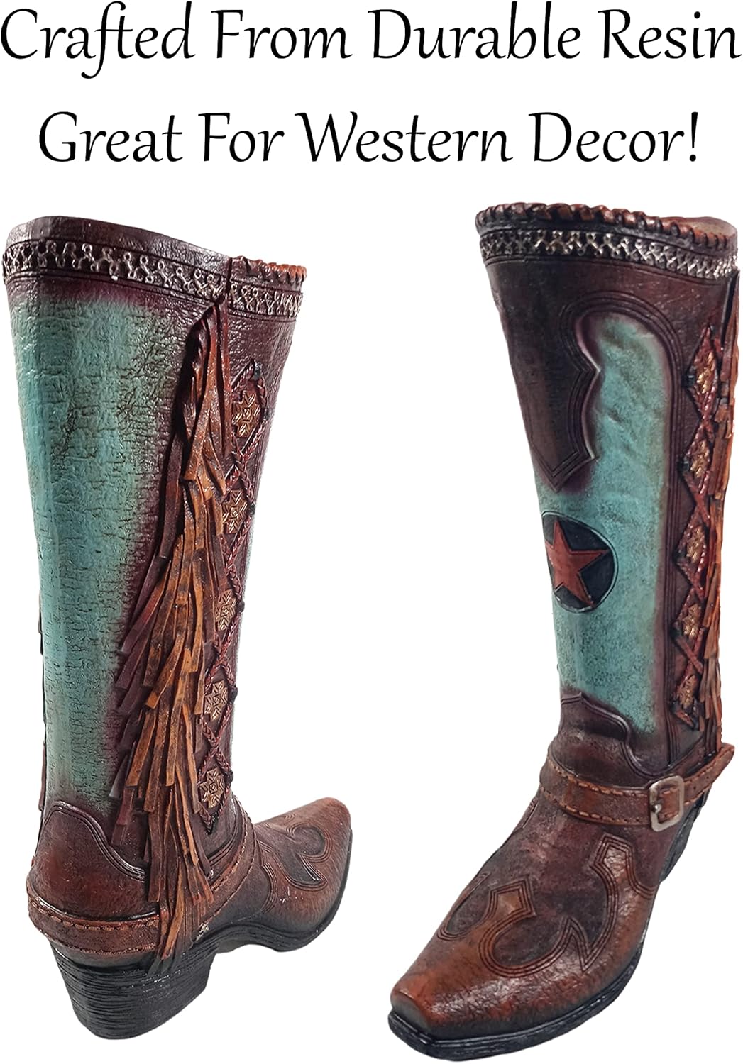 Teal Brown Cowboy Boot Flower Vase 12 Inch U157