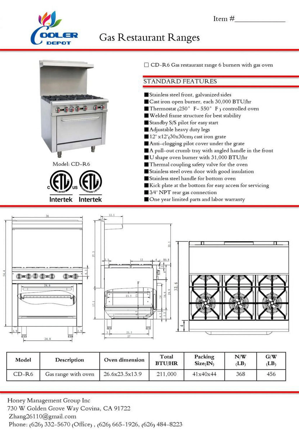 Commercial Range & Oven, 6 Burners, 36" Width, Natural Gas and Propane L92582