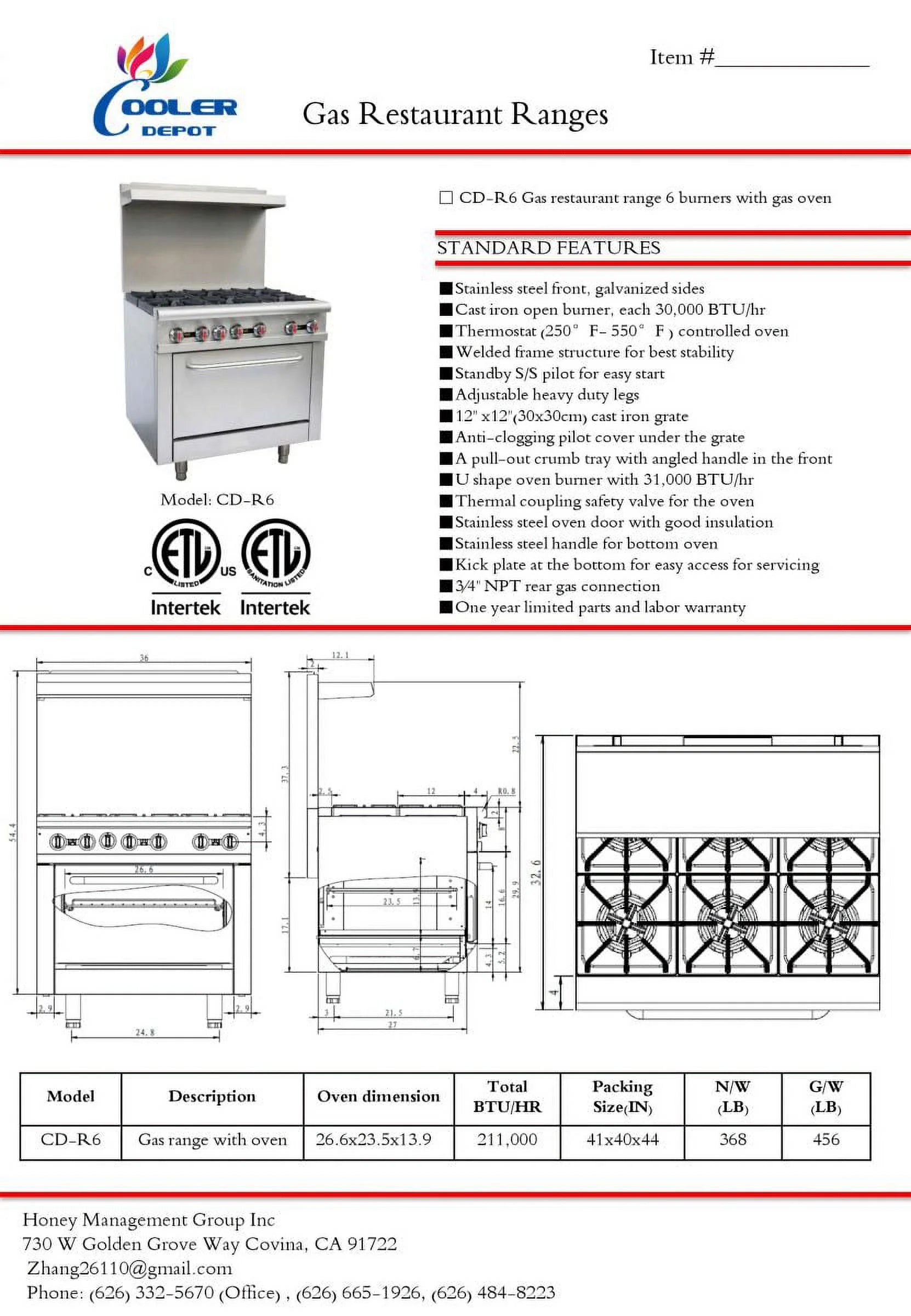 Commercial Range & Oven, 6 Burners, 36" Width, Natural Gas and Propane L92582