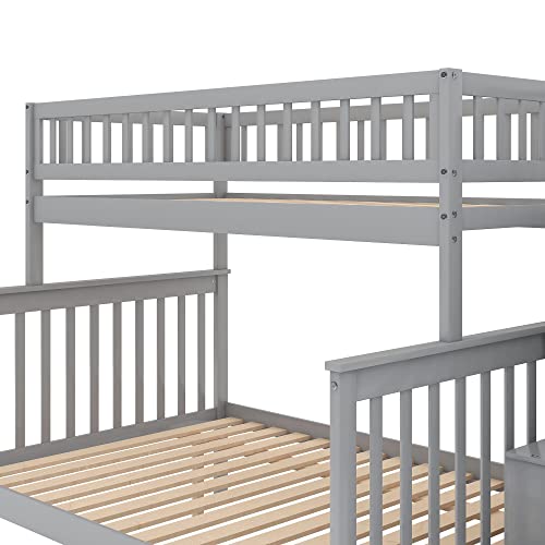 Twin Over Twin/Full Bunk Bed with Trundle and Drawers, Solid Wood Staircase, White C353971