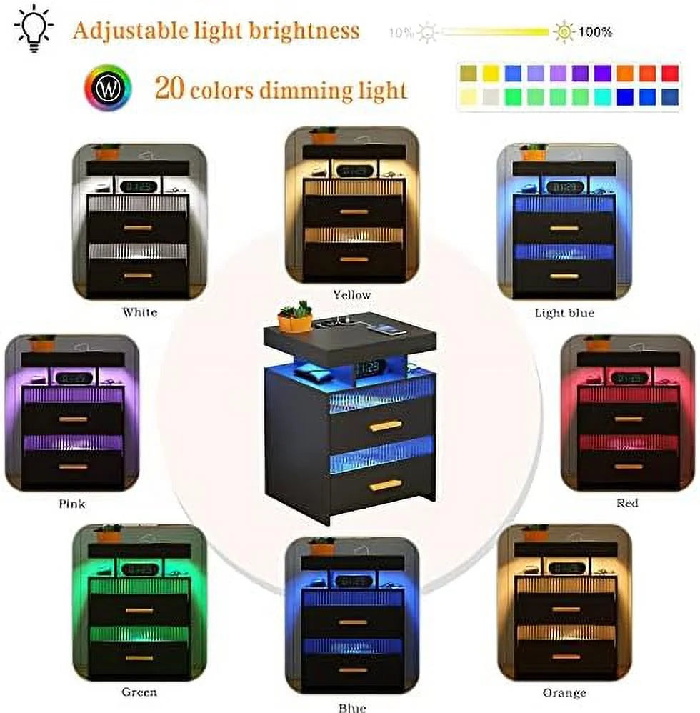 Nightstands Set of 2 with Charging Station and LED Lights W775045