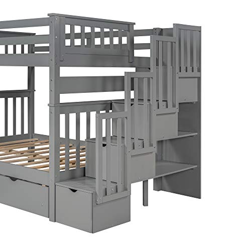 Twin Over Twin/Full Bunk Bed with Trundle and Drawers, Solid Wood Staircase, White C353971