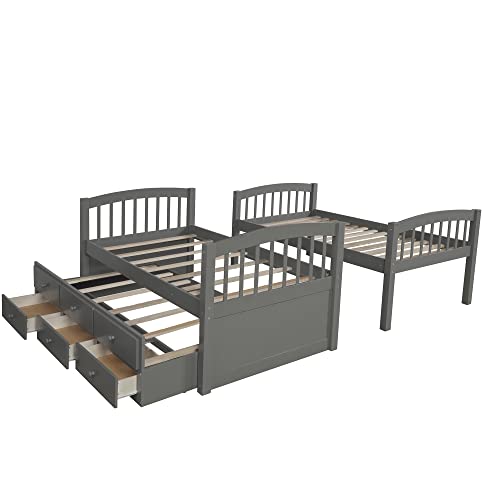 Twin Over Twin Bunk Bed with Storage Drawers and Trundle, Solid Wood Frame F2716