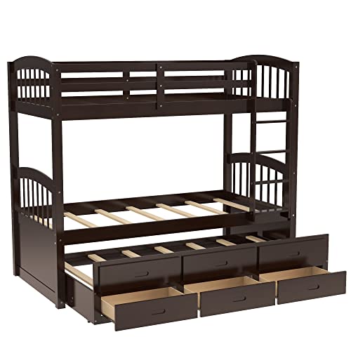 Twin Over Twin Bunk Bed with Storage Drawers and Trundle, Solid Wood Frame F2716