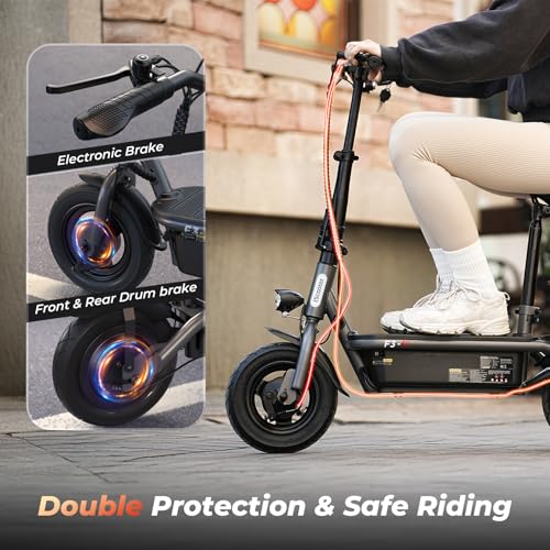 Electric Scooter with Seat, Long Range, Adjustable Handlebar, Dual Suspension J439