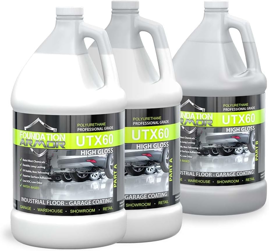 Armor UTX60 High Gloss Water-Based Aliphatic Urethane Concrete and Garage Floor Coating Resistant to Oil, Gas, Chemicals - 2.5 Gallon Kit
