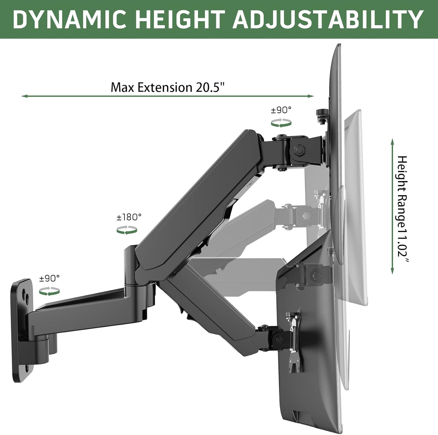 Dual Monitor Wall Mount for Two 17-32 Inch Screens, Height Adjustable, VESA 75/100 Y584