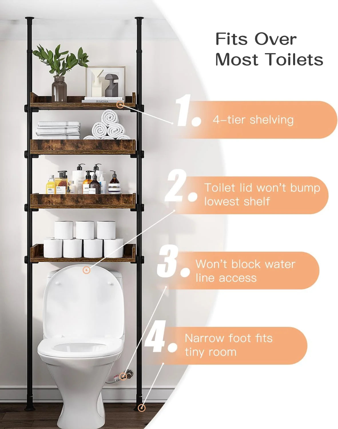 Over-the-Toilet Storage, 4-Tier Adjustable Wood Shelves, Rustic Brown U368492