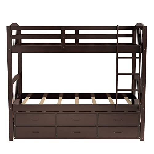 Twin Over Twin Bunk Bed with Storage Drawers and Trundle, Solid Wood Frame F2716