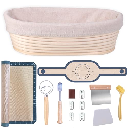Banneton Bread Proofing Basket Set, 10 Inch Oval Rattan Basket, Sourdough Bread Baking Supplies, Set of 8, Bread Making Starter Kit, Proofing Baskets for Bread Baking, Perfect Baker's Gift Set