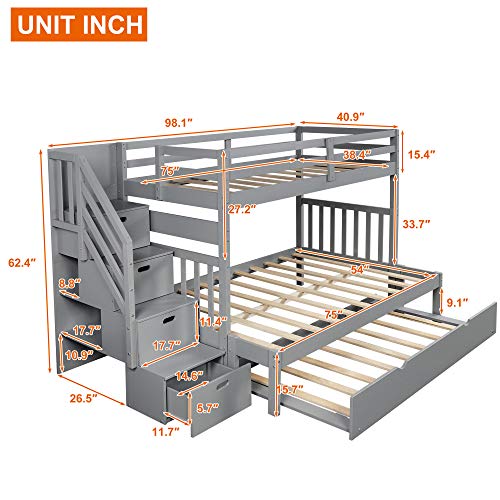 Twin Over Twin/Full Bunk Bed with Trundle and Drawers, Solid Wood Staircase, White C353971