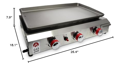 26 Inch Flat Top Gas Grill with 3 Burners, Propane, Stainless Steel Tabletop with Pre Season Griddle I61934