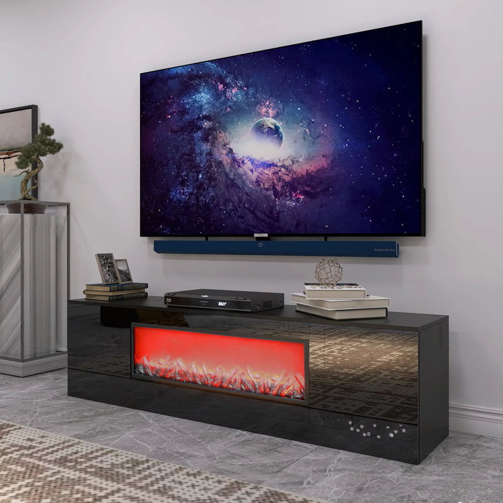 Electric Fireplace TV Stand with Wood Texture, High Glossy Finish Y488