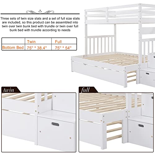 Twin Over Twin/Full Bunk Bed with Trundle and Drawers, Solid Wood Staircase, White C353971