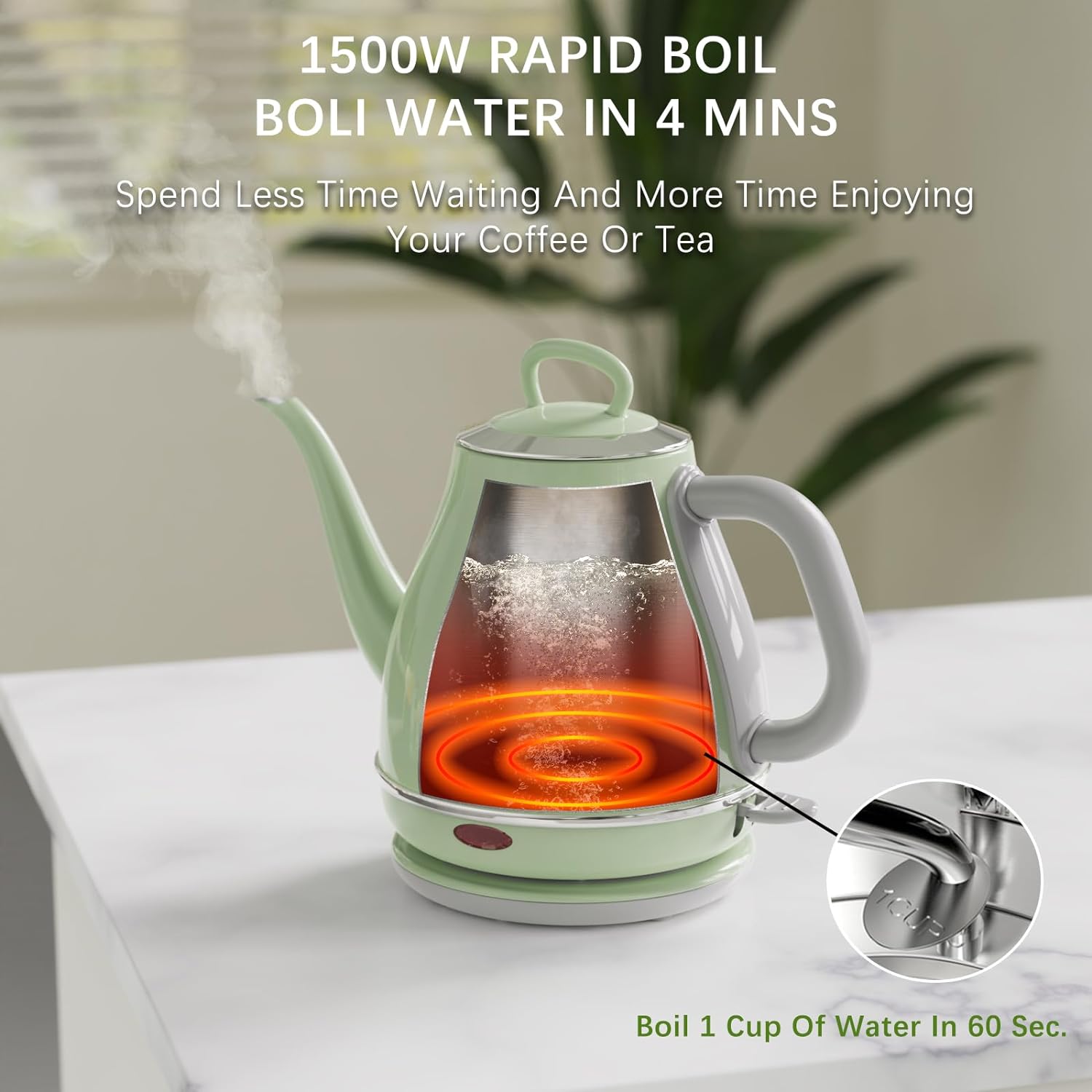 Gooseneck Electric Kettle, 1L Stainless Steel, Auto Shut-Off D458