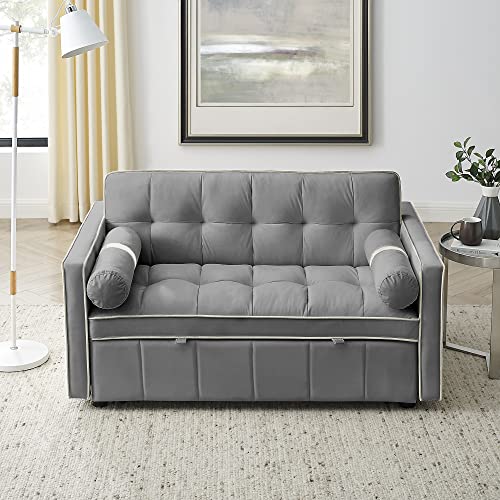 Fefances 3-in-1 Sleeper Sofa Couch Bed: Small Tufted Velvet Convertible Loveseat Futon with Pull-Out Bed, Adjustable Backrest, Cylinder Pillows - Ideal for Living Room or Apartment, Grey
