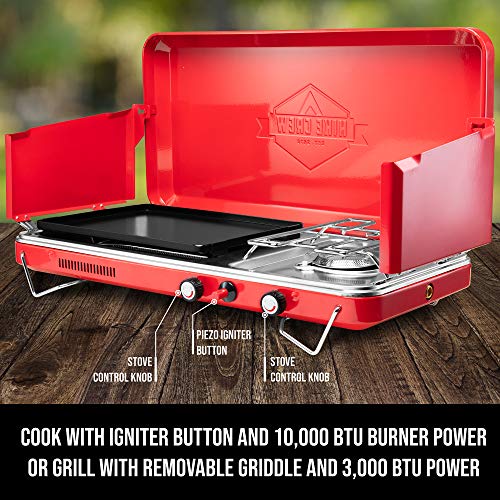 2-in-1 Gas Camping Stove and Griddle, Portable Propane Burner with Igniter G2670