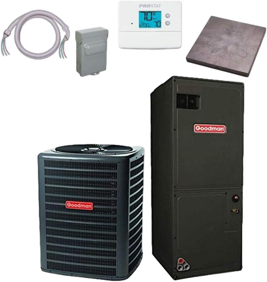 Goodman 3 TON 14 SEER Heat Pump Bundle (GSZ140361 ARUF37D14)+Accessories - Whip, Disconnect, Condenser pad and Thermostat