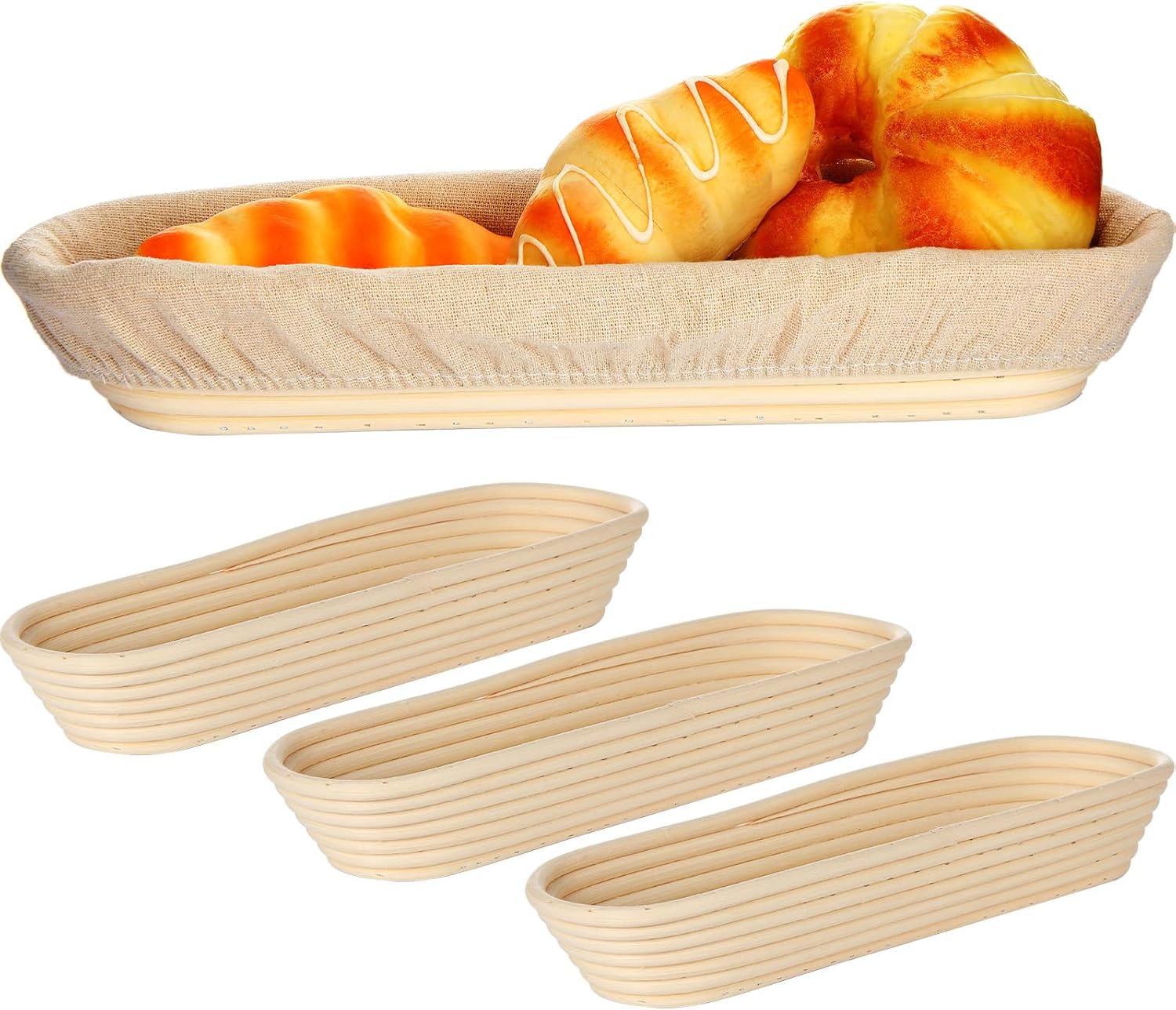 4 Pieces 13.8 Inch Banneton Bread Proofing Basket Oval Long Bread Proofing Basket Banneton Basket Dough Proofing Basket with Liners and Scatters for Home Sourdough Bread Baking