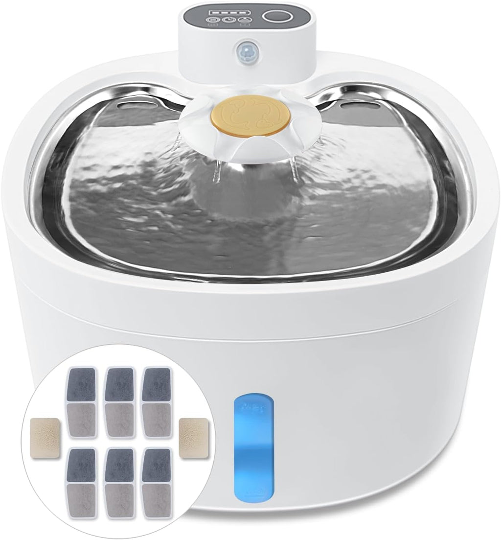 love qing di-cat Water Dispenser, 2.6L/85oz Automatic Dog Water Dispenser, Stainless Steel Tray, Silent Pump, Battery Powered with Motion Sensor, BPA Free Pet Water Dispenser with 6 Filters