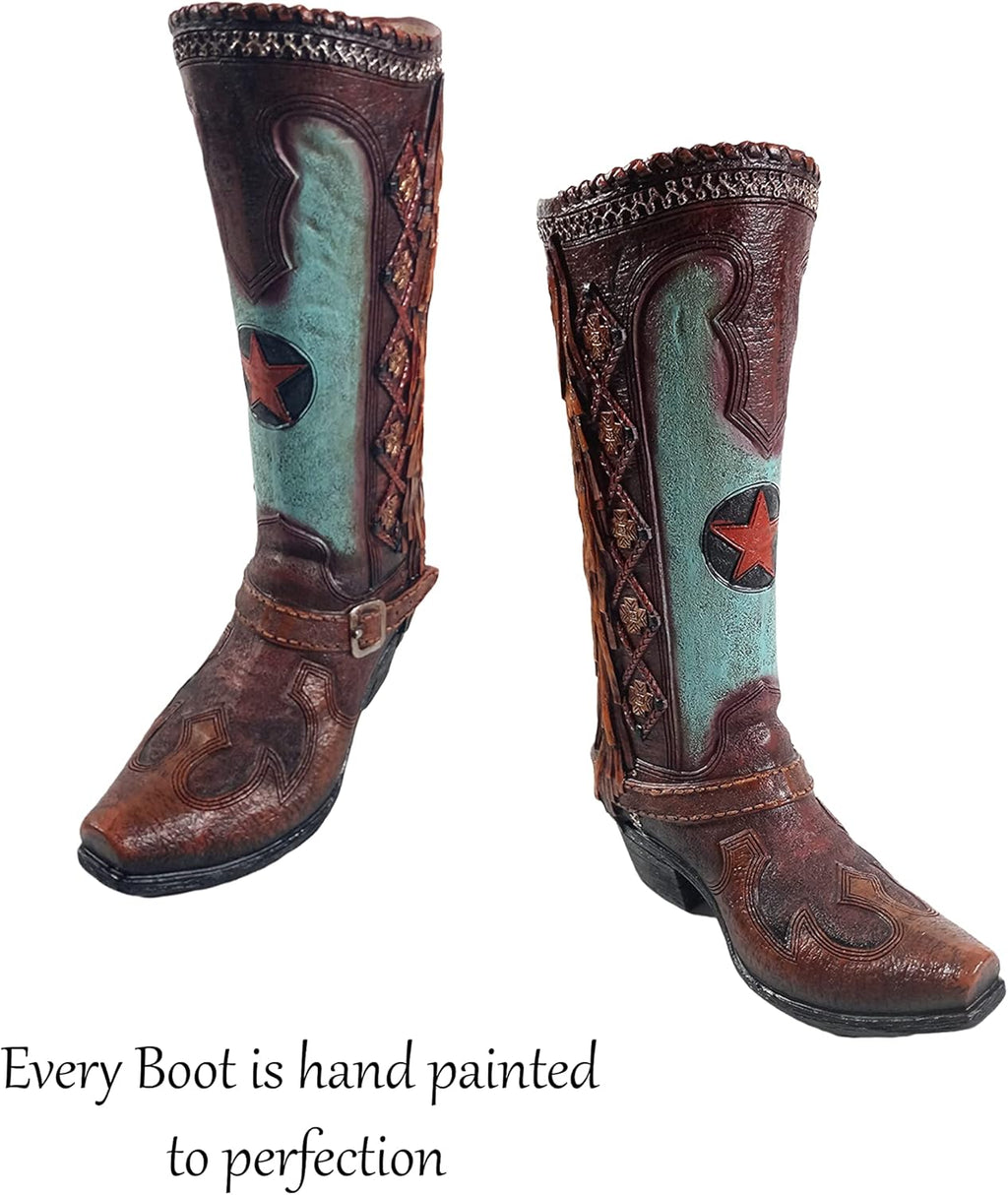 Teal Brown Cowboy Boot Flower Vase 12 Inch U157