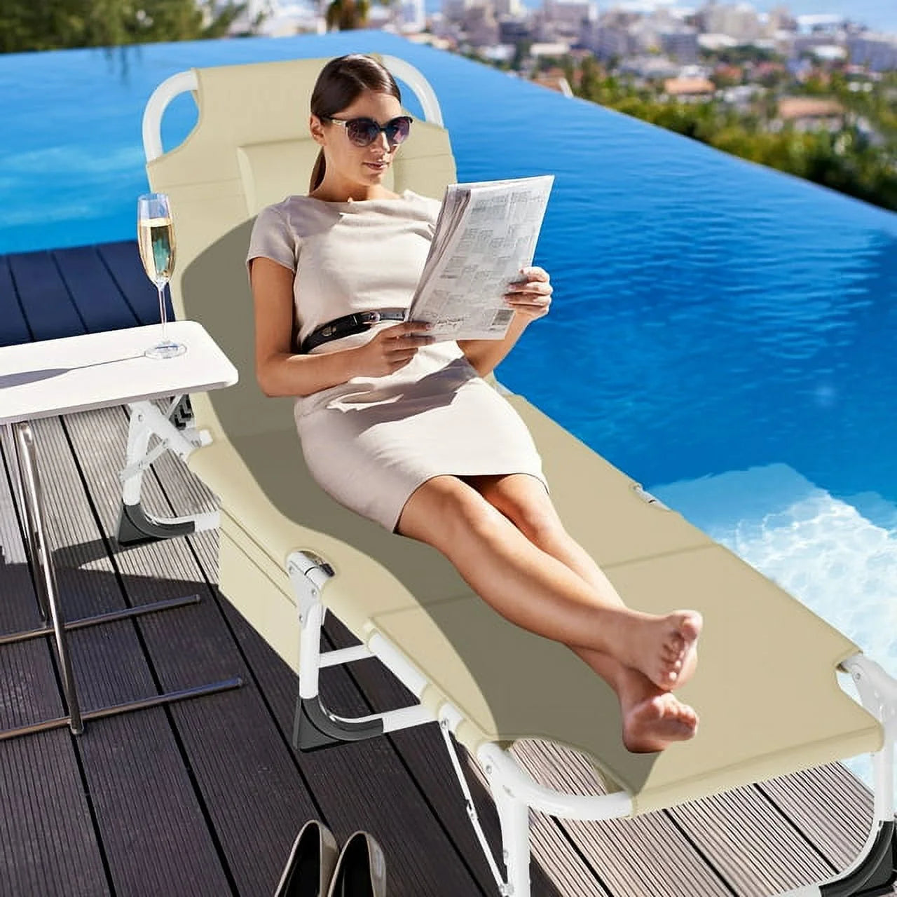 Heavy Duty Tanning Chair with Face & Arm Holes, Adjustable 5-Position Folding Chaise Lounge F5608