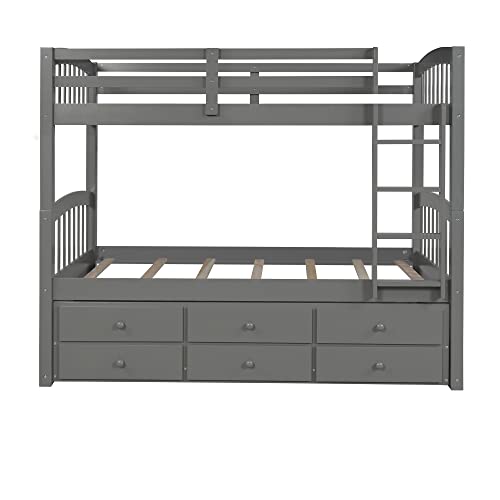 Twin Over Twin Bunk Bed with Storage Drawers and Trundle, Solid Wood Frame F2716