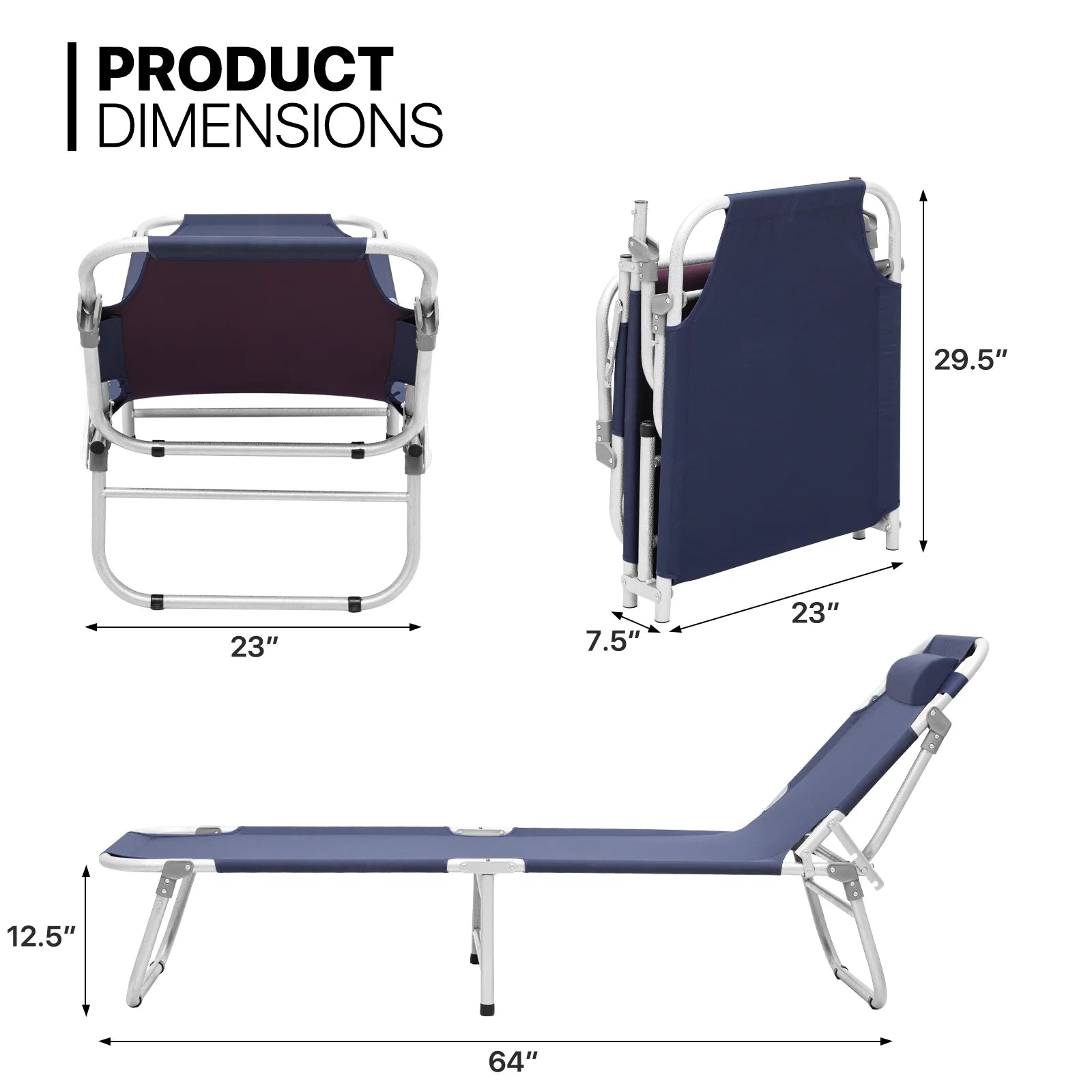 Portable Folding Bed Reclining Lounger Camping Cot with Pillow and Carry Bag I549492