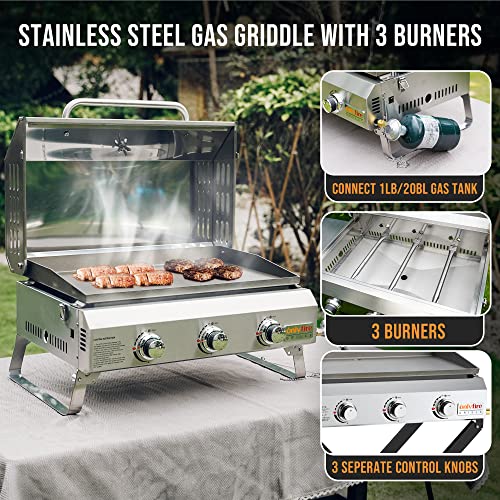 Portable Propane Gas Griddle 3-Burner with Foldable Cart and Side Table, Flat Top Grill Stove with Lid N3550