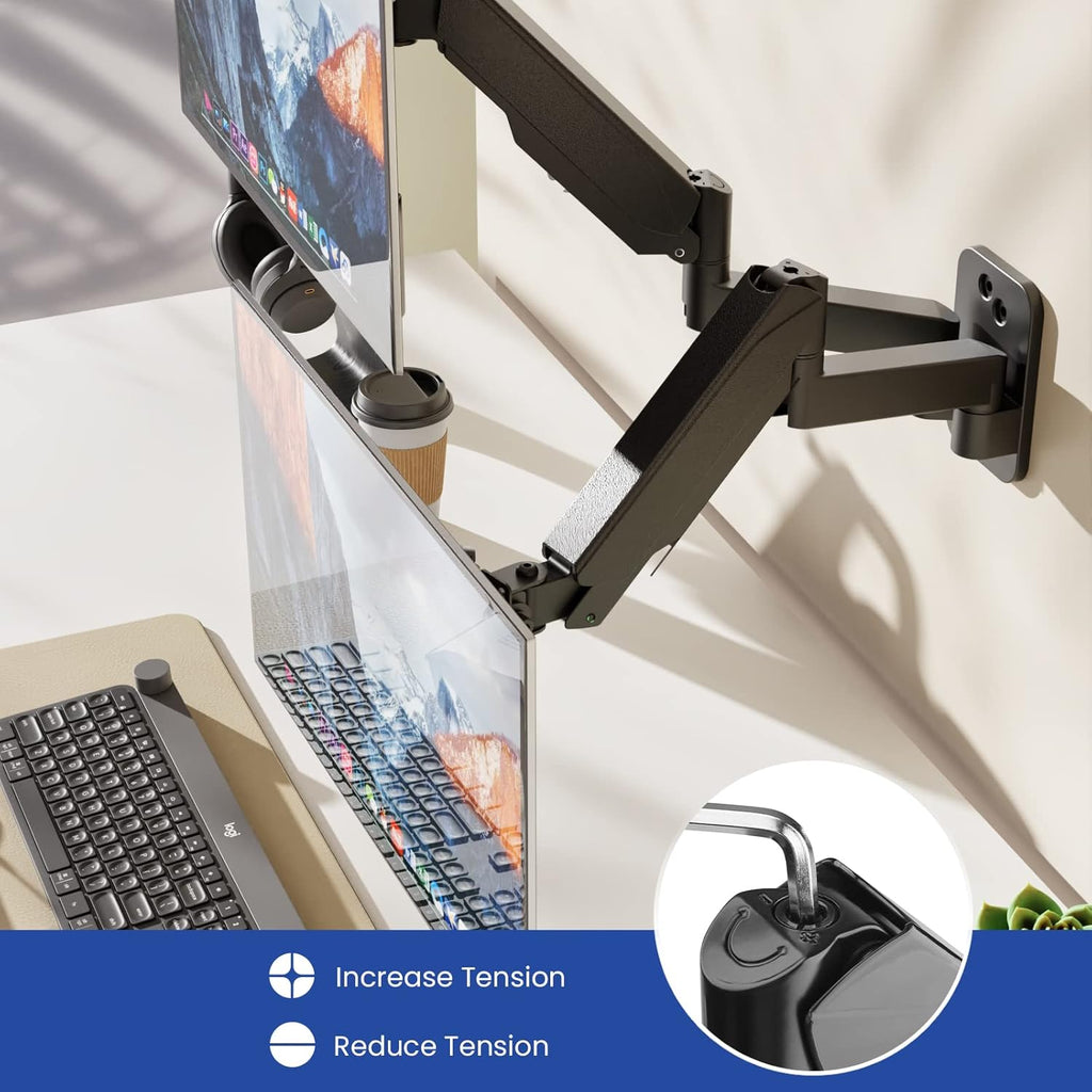 Dual Monitor Wall Mount, Gas Spring Arm for 17-32 Inch Screens, Full Motion Adjustable, Black R694178