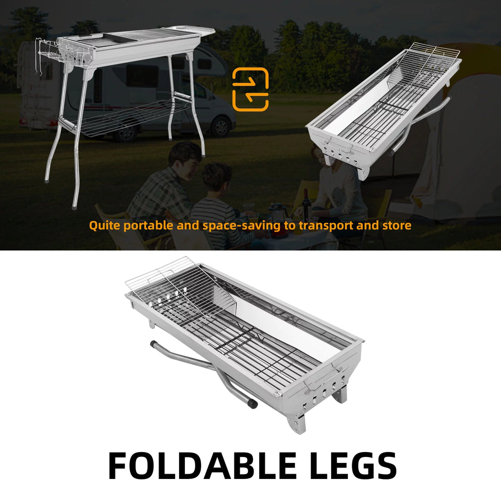 Outdoor Barbecue Portable Charcoal Grill, Stainless Steel, Foldable Y414362