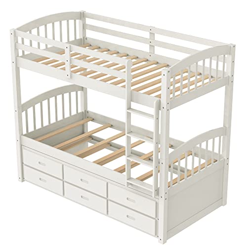 Twin Over Twin Bunk Bed with Storage Drawers and Trundle, Solid Wood Frame F2716