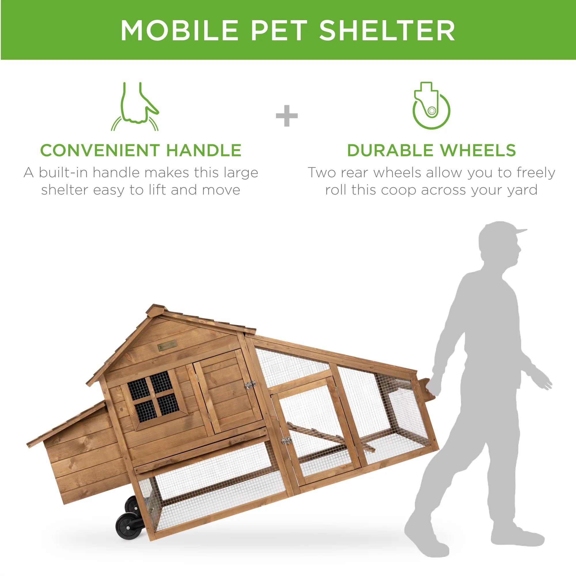 Mobile Fir Wood Chicken Coop Tractor Hen House with Wheels, Nest Box, Removable Tray E1650