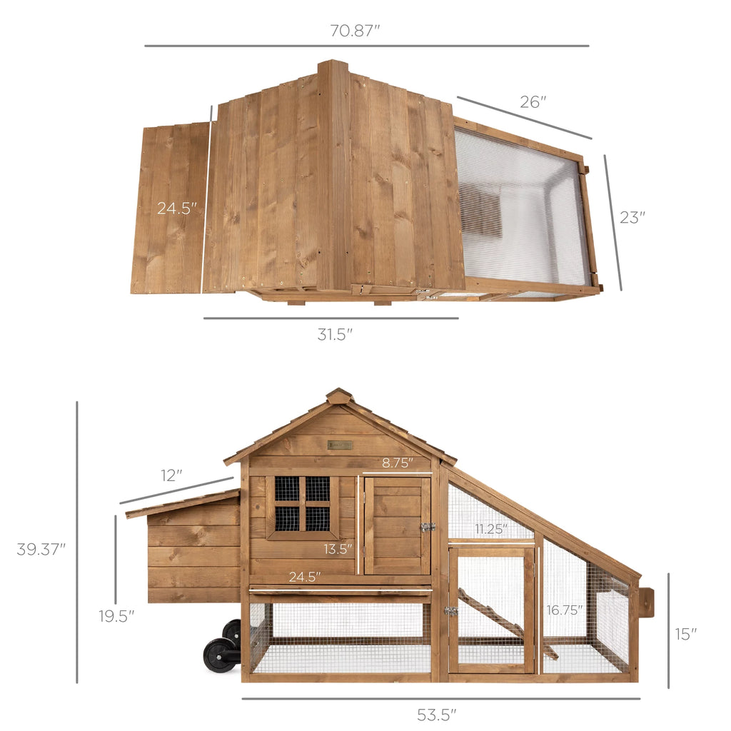Mobile Fir Wood Chicken Coop Tractor Hen House with Wheels, Nest Box, Removable Tray E1650