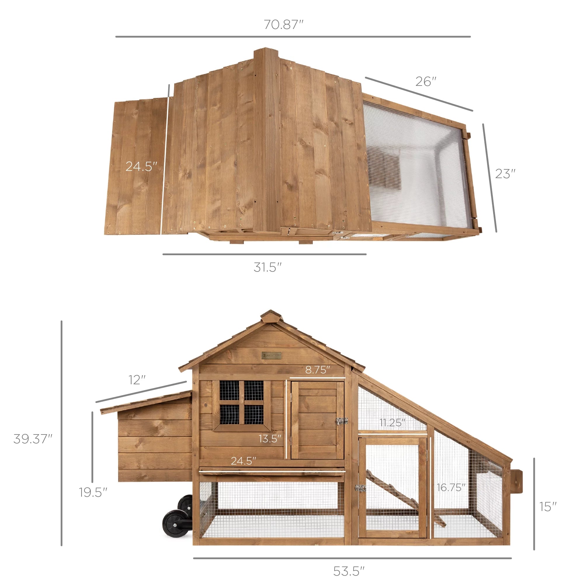 Mobile Fir Wood Chicken Coop Tractor Hen House with Wheels, Nest Box, Removable Tray E1650