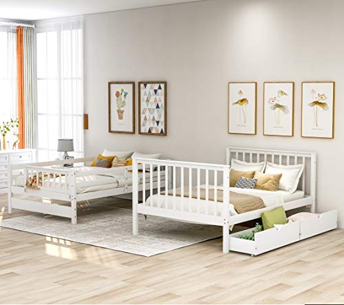 Twin Over Twin/Full Bunk Bed with Trundle and Drawers, Solid Wood Staircase, White C353971