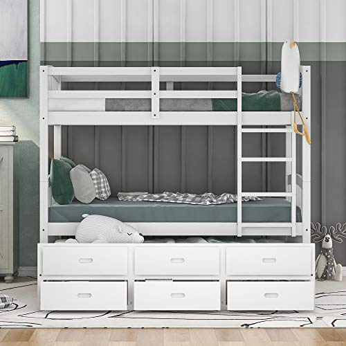 Twin Over Twin Bunk Bed with Storage Drawers and Trundle, Solid Wood Frame F2716