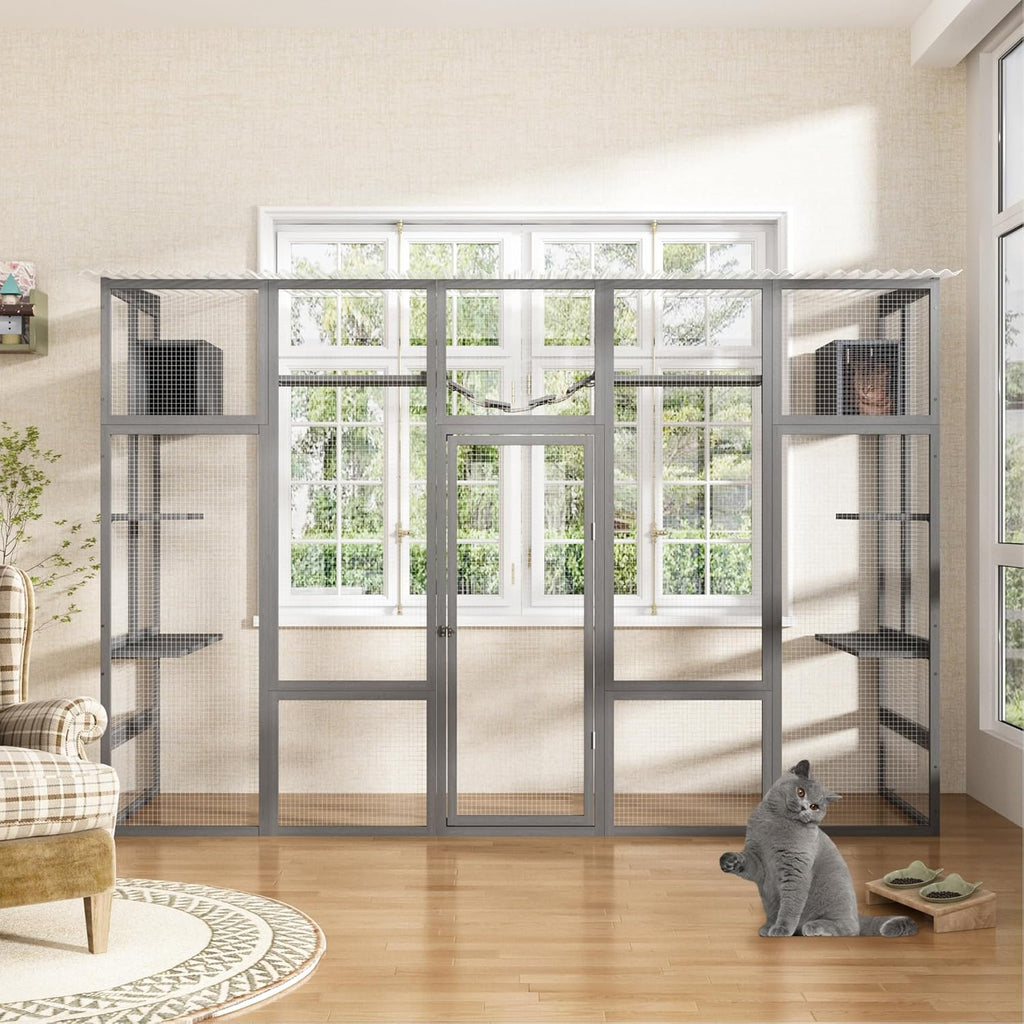 Outdoor Cat Enclosure with Window Access, Wooden Catio with Weather Protection Roof Q639