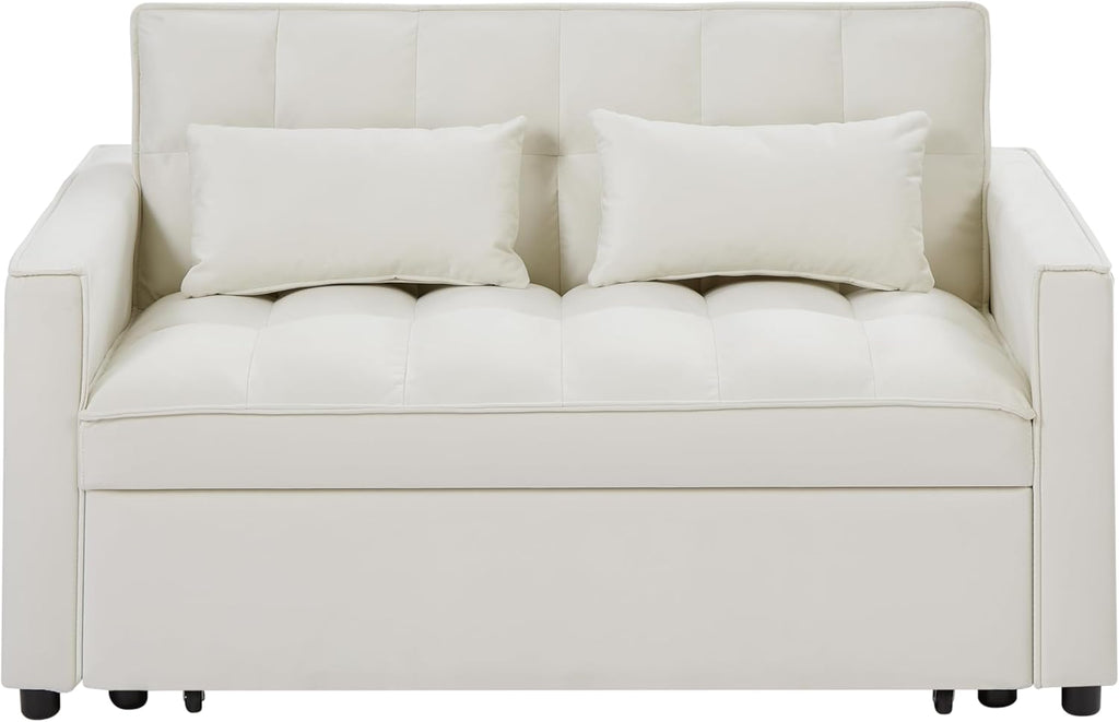 55" Convertible Loveseat Sleeper Sofa Couch Modern Velvet 2 Seater Sofa with Adjustable Backrest & Side Pocket, w/Lumbar Pillows and with Pull-Out Bed for Small Space Living Room Apartment(Ivory)
