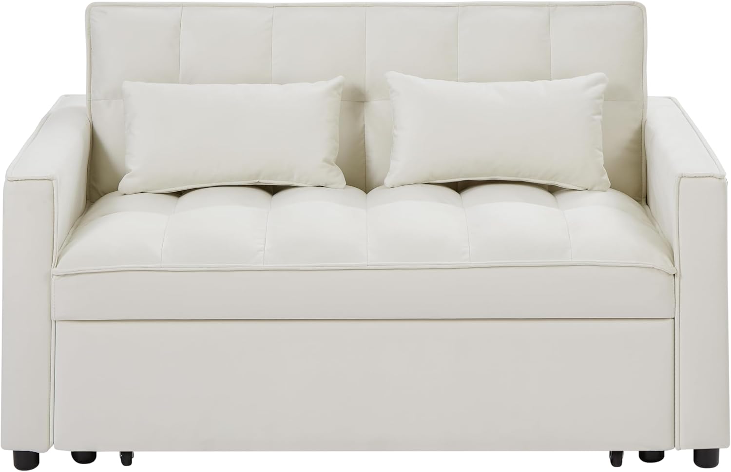 55" Convertible Loveseat Sleeper Sofa Couch Modern Velvet 2 Seater Sofa with Adjustable Backrest & Side Pocket, w/Lumbar Pillows and with Pull-Out Bed for Small Space Living Room Apartment(Ivory)