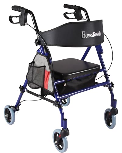 Rollator Walker with Seat, Steel Rolling Walker with 6-inch Wheels Supports up to 350 lbs, Medical Walker, Blue