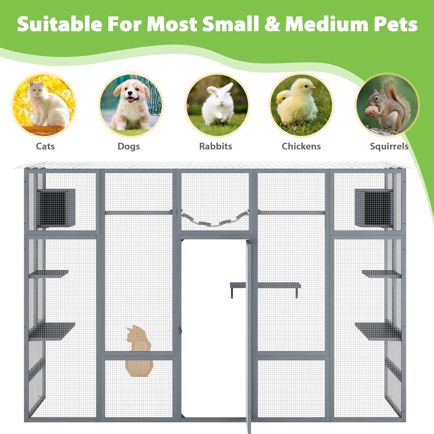 Outdoor Cat Enclosure with Window Access, Wooden Catio with Weather Protection Roof Q639