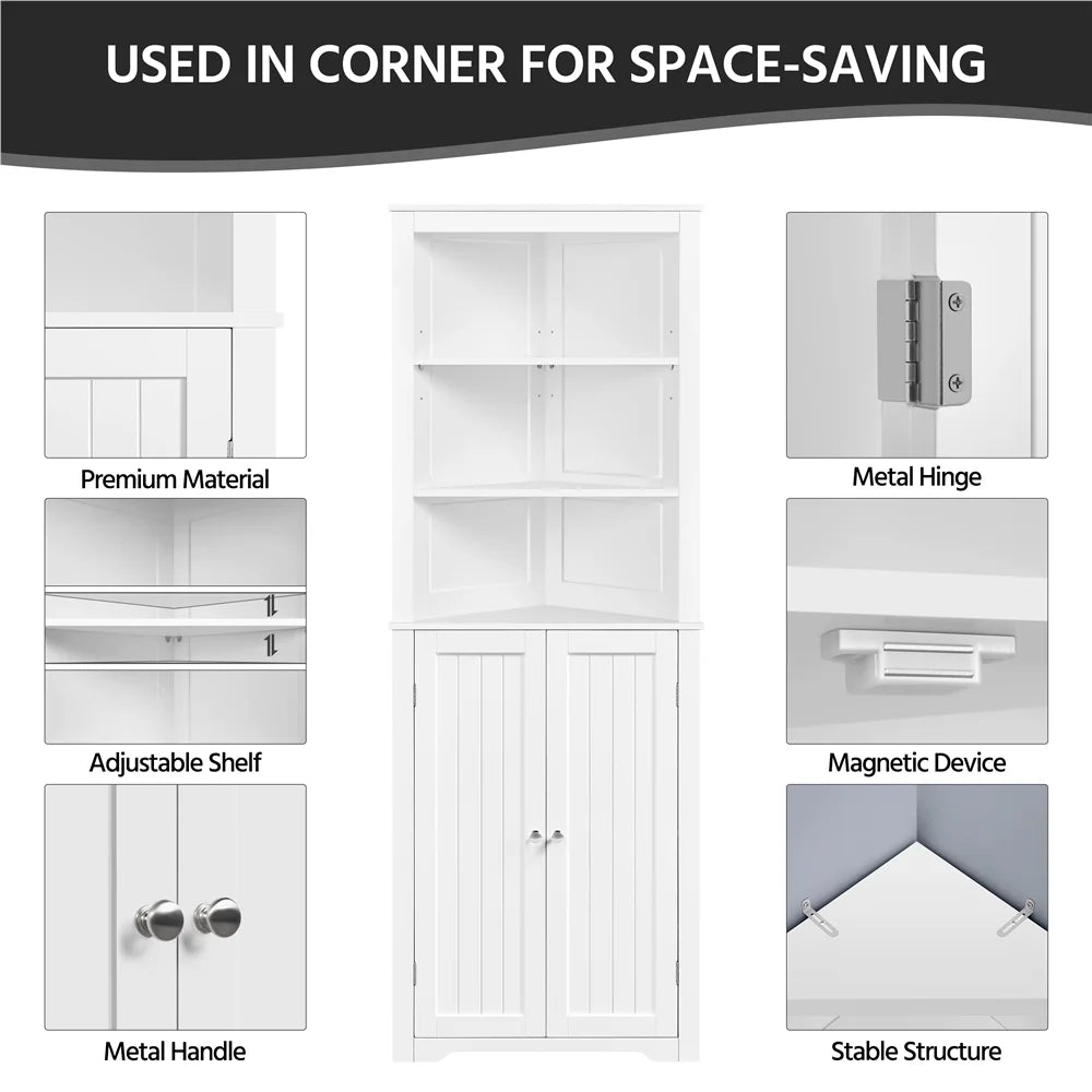 White Wooden Corner Cabinet with Open Shelf for Bathroom M97185