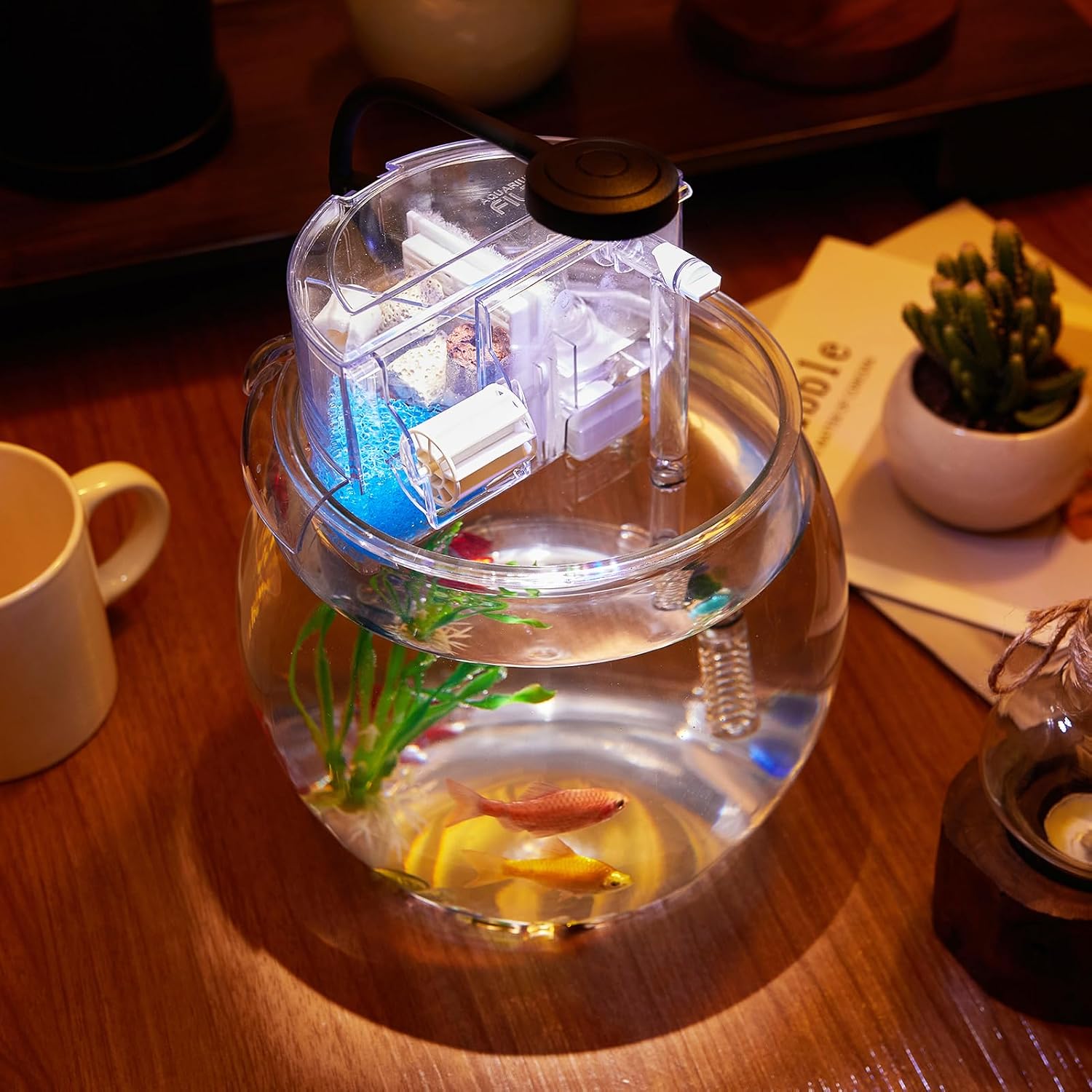 1 Gallon Small Fish Tank Break-Resistant Plastic Round Bowl with Filter and Light N865308