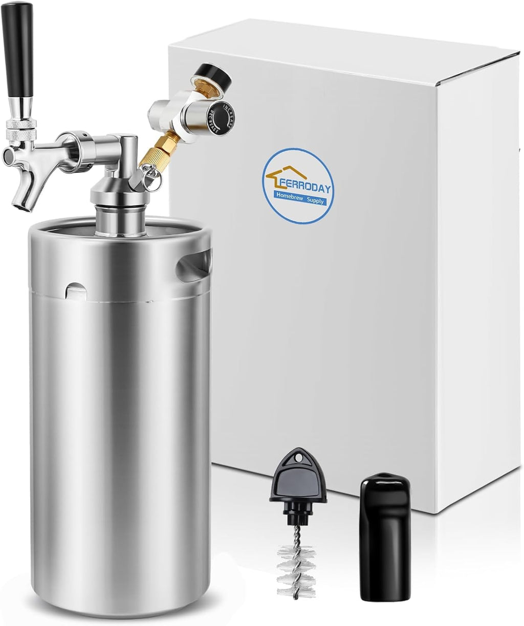 FERRODAY Mini Keg Growler 128oz Beer Keg Draft Beer Dispenser Pressurized Growler for Beer Mini Keg 60 psi Co2 Regulator Beer Keg Kit Keeps Beer Fresh Portable Mini Keg Beer Growler Stainless Steel
