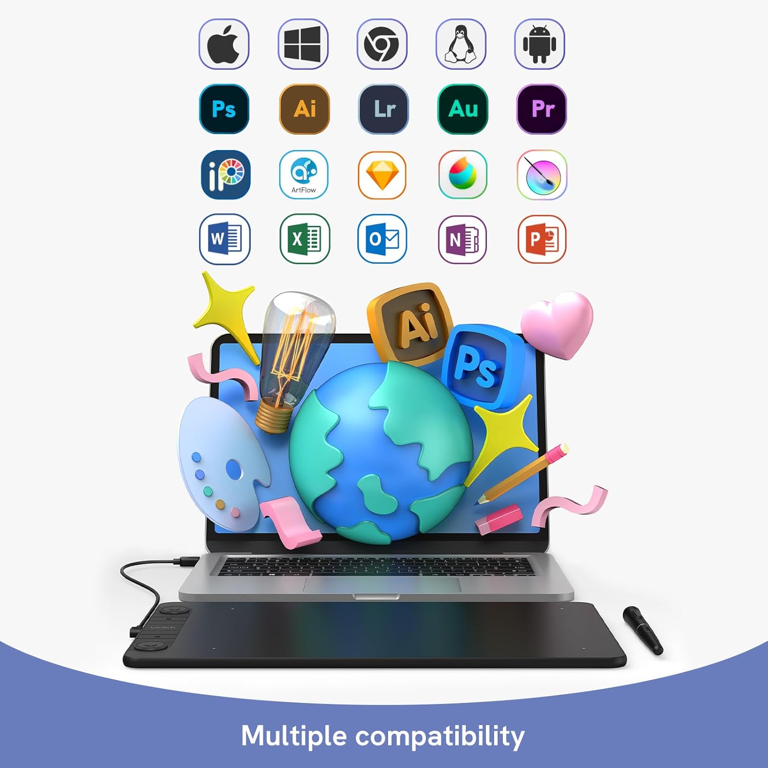 10 x 6 Inch Graphics Drawing Tablet with 8 Shortcut Keys, 8192 Levels Tilt Support P8103