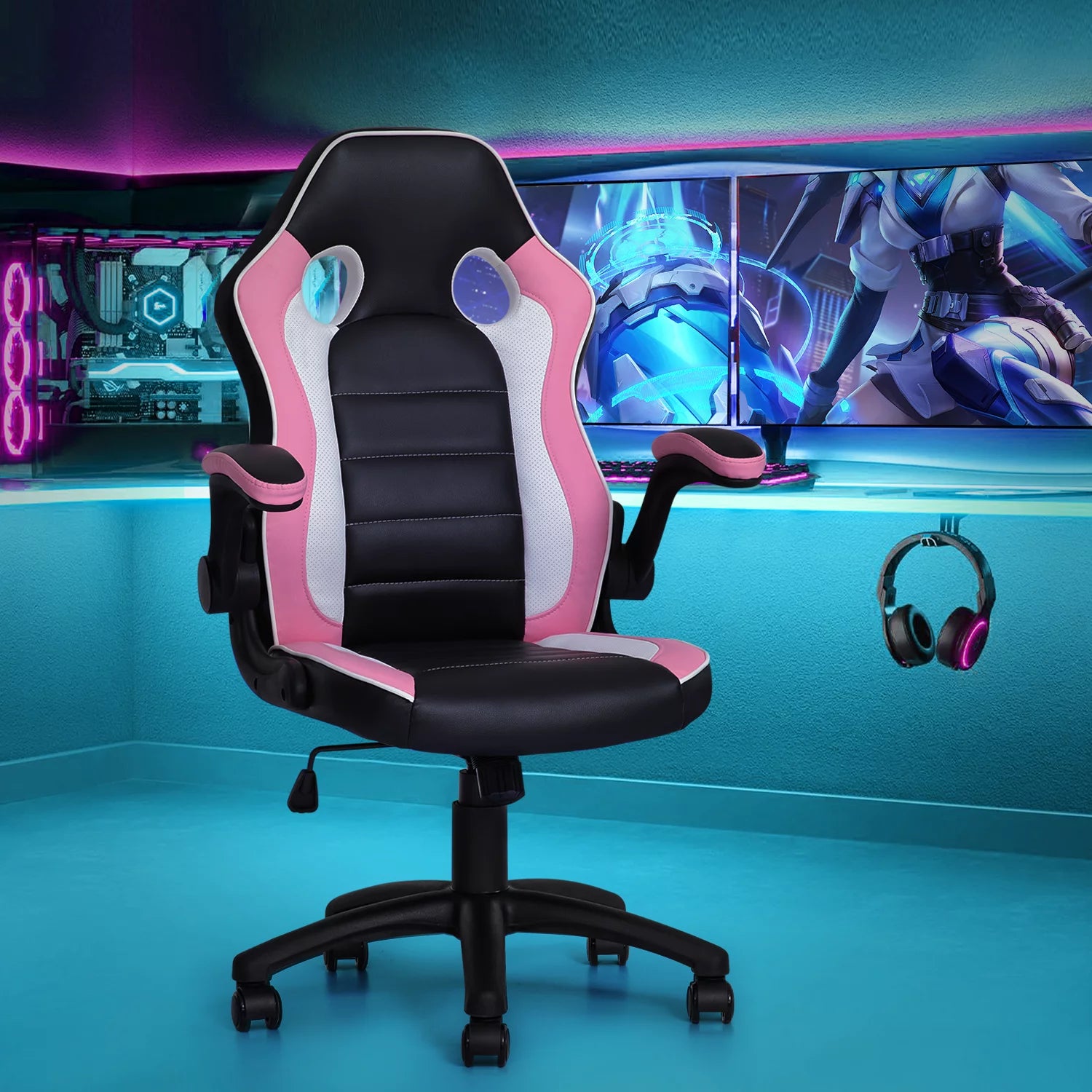 PU Leather Gaming Chair with Flip-Up Arms, Black/Pink J799741