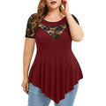 Women's Shirts Summer Casual Crewneck Floral Lace Short Sleeve Pleated Blouses Plus Size Tunic Tops Asymmetrical Top